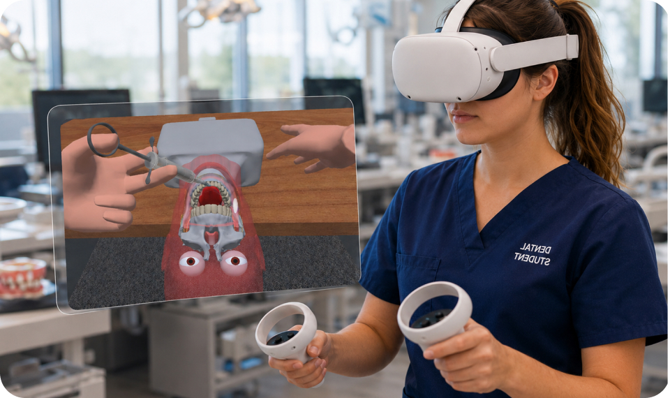 Student practicing local anesthesia on the ModuPRO Astra model in VR