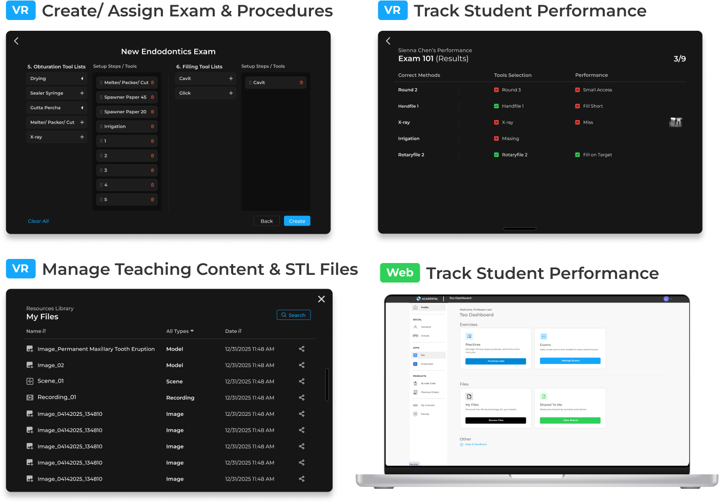 Teo faculty tools: create and assign exams, track student performance, and manage teaching content and STL files