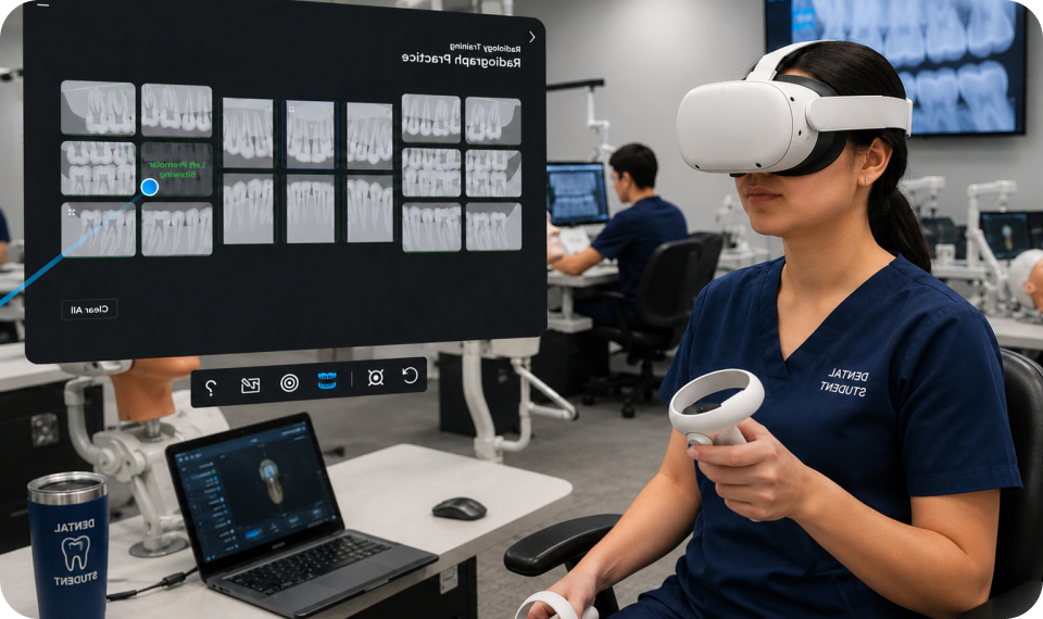 Student practicing radiographic positioning in VR beside a full-mouth X-ray review screen